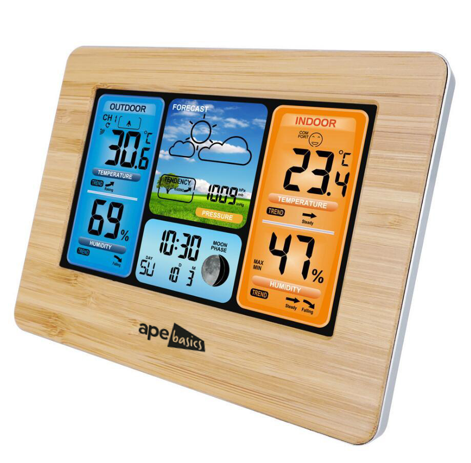 Wireless Sensor LCD Display Weather Station Clock - Wood image