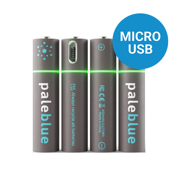 Pale Blue Lithium Ion Rechargeable AAA Batteries – 4 x AAA and one 4-1 charging cable