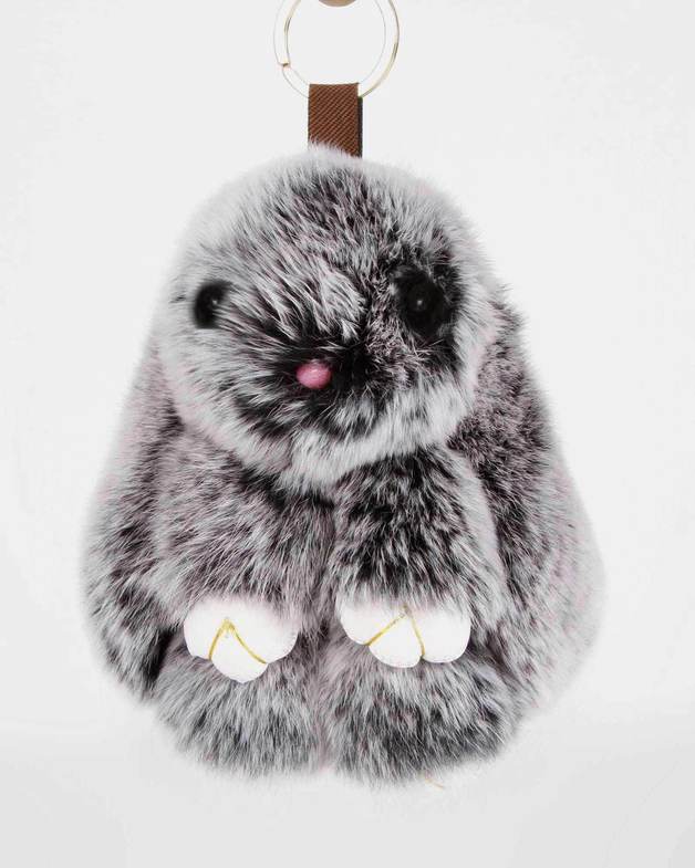 Faux Fur Bunny Keychain Salt & Pepper at Mighty Ape NZ