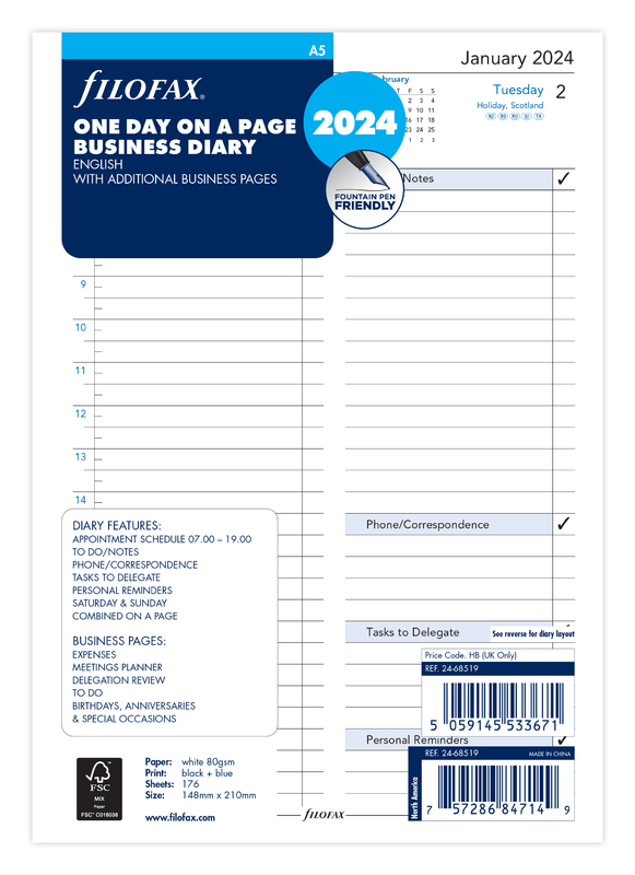 Buy Filofax A5 2024 Refill Business Day per Page with Appointments