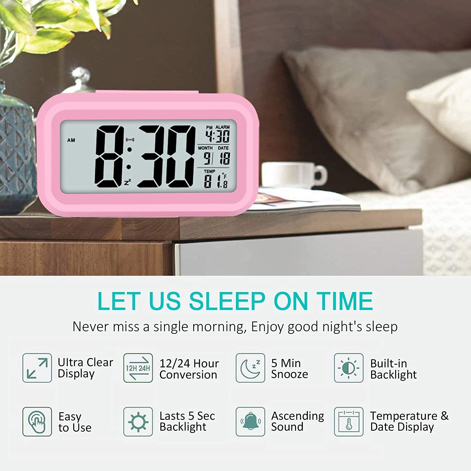 Smart Night Light Digital Alarm Clock Pink at Mighty Ape Australia