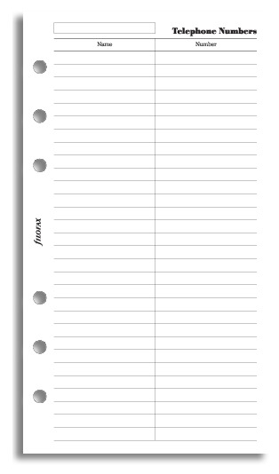 Filofax - Personal Name, Telephone Number (20 Sheets)