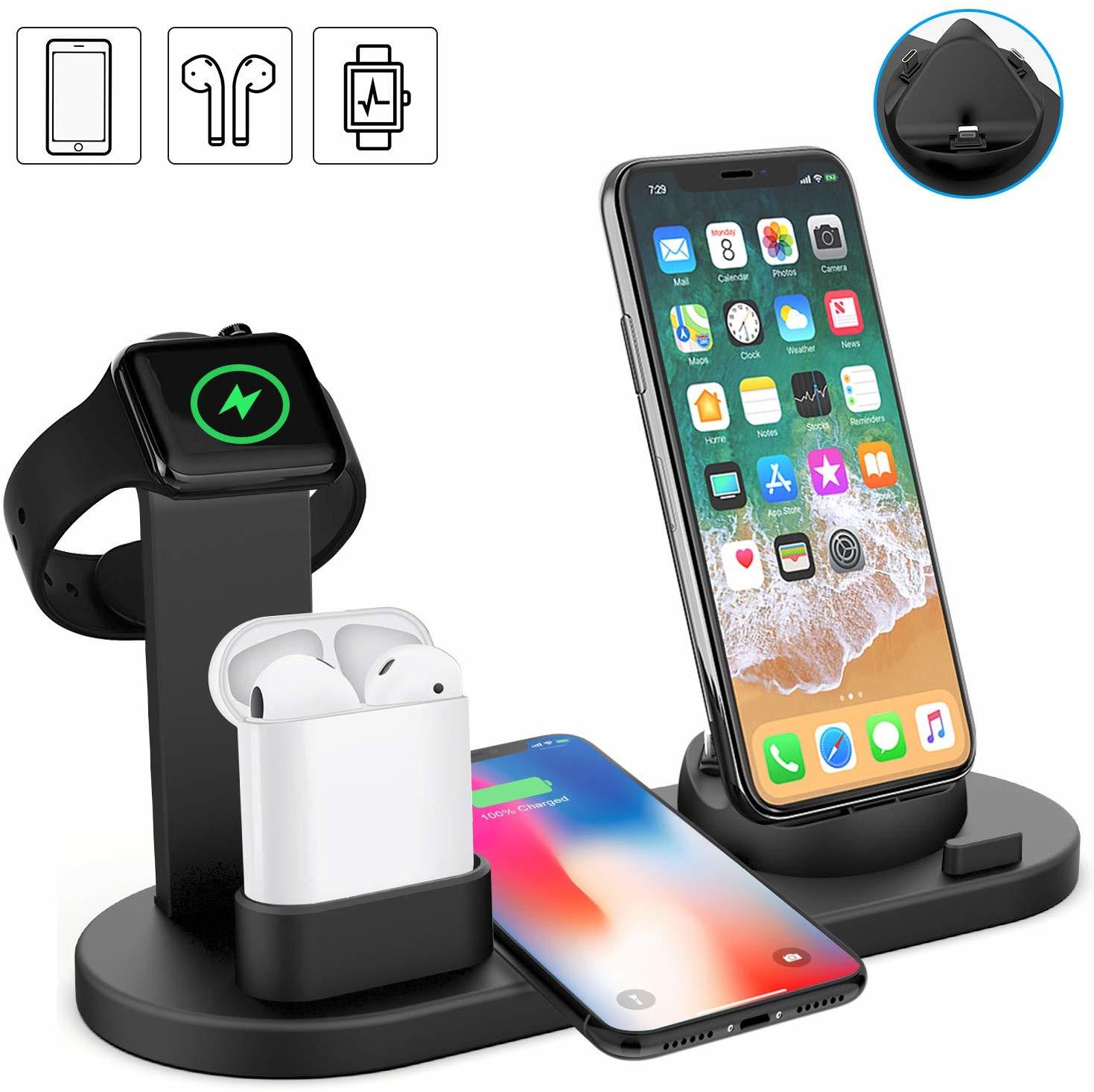 Three-in-One Rotatable Charging Dock with Wireless Charging for iPhone - Black image