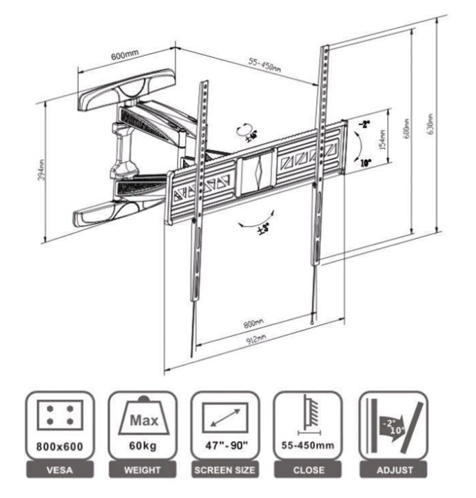 Loctek: PSW792LAT Full Motion Low Profile Wall Mount (47"-90")