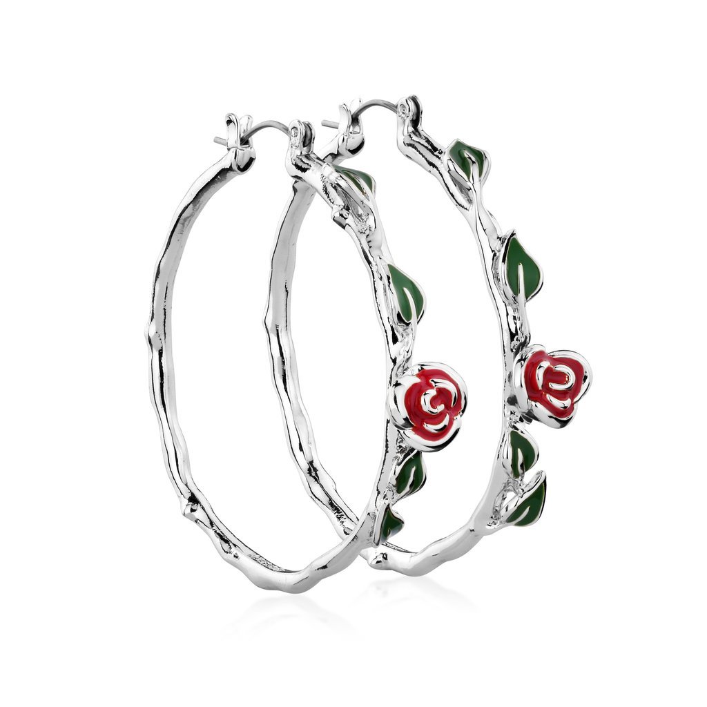 Disney Beauty and the Beast Rose Hoop Earrings - White Gold image