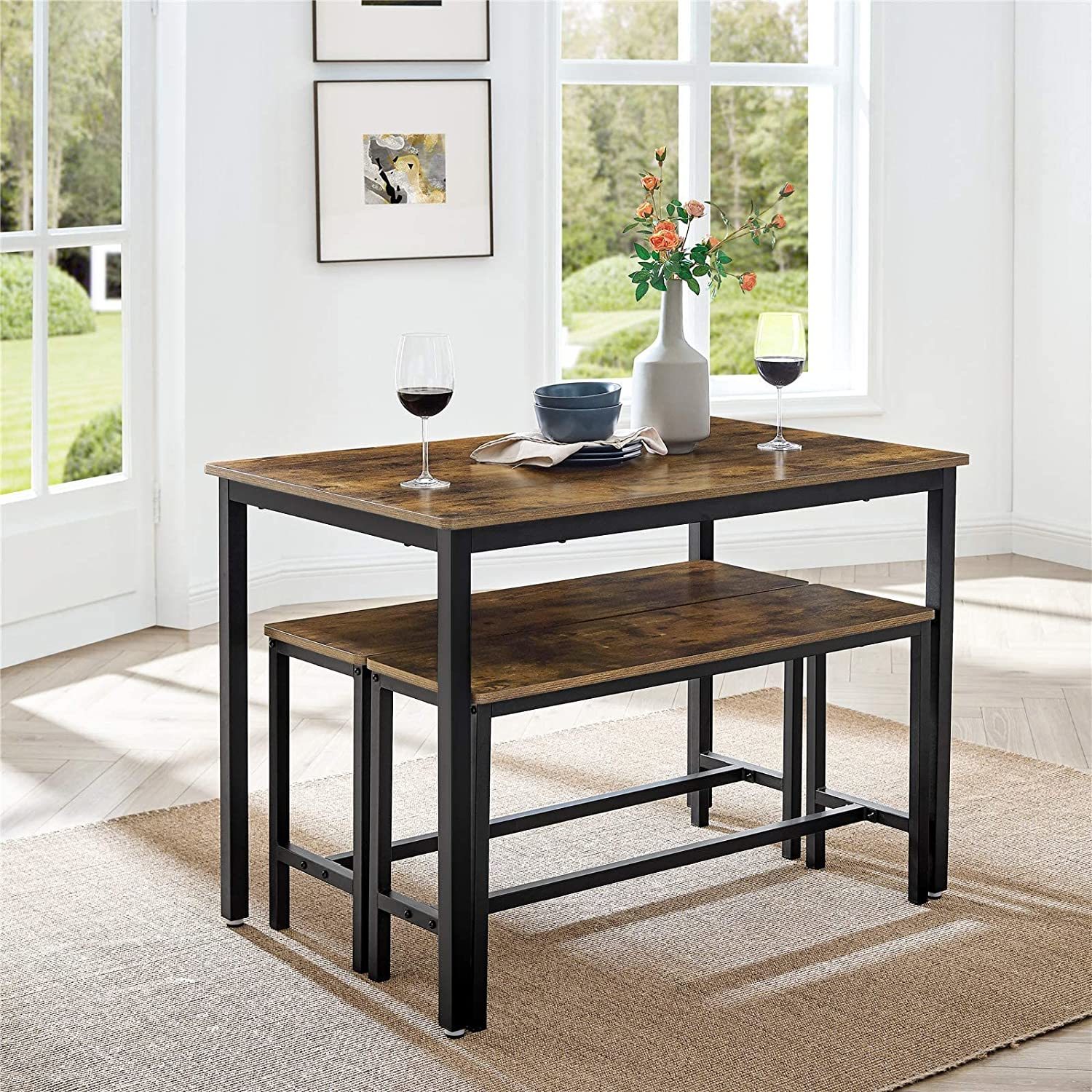 VASAGLE: Dining Table with 2 Benches - Rustic Brown image