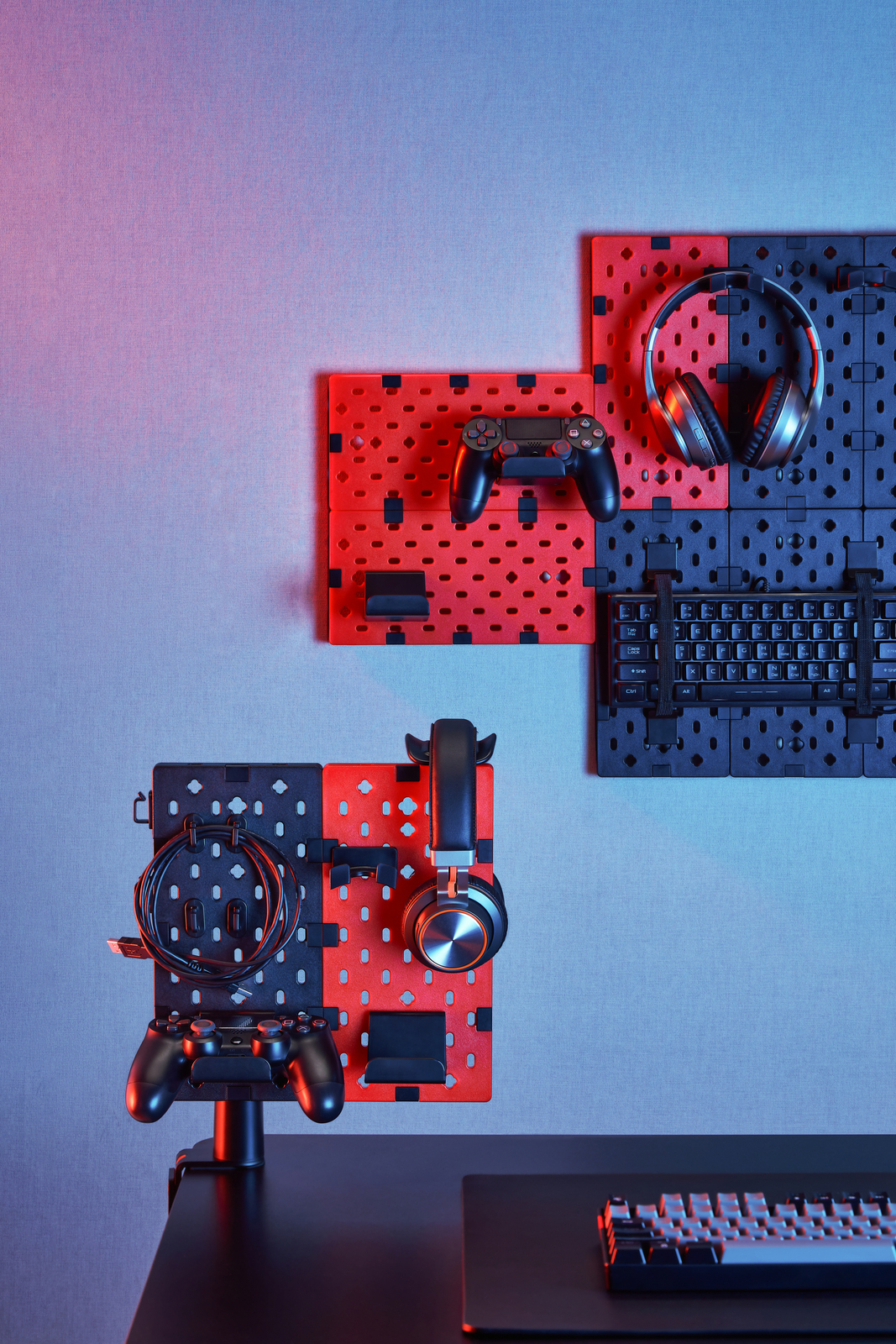 Wall Mounted Modular Pegboard for Gaming & Home Office Red & Black