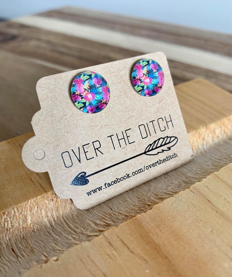 Over the Ditch: Dome Earrings - Floral Turquoise/Pink image