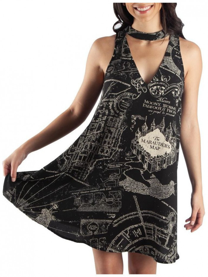 Harry Potter Marauders Map Sleeveless Choker V Neck Dress: XL