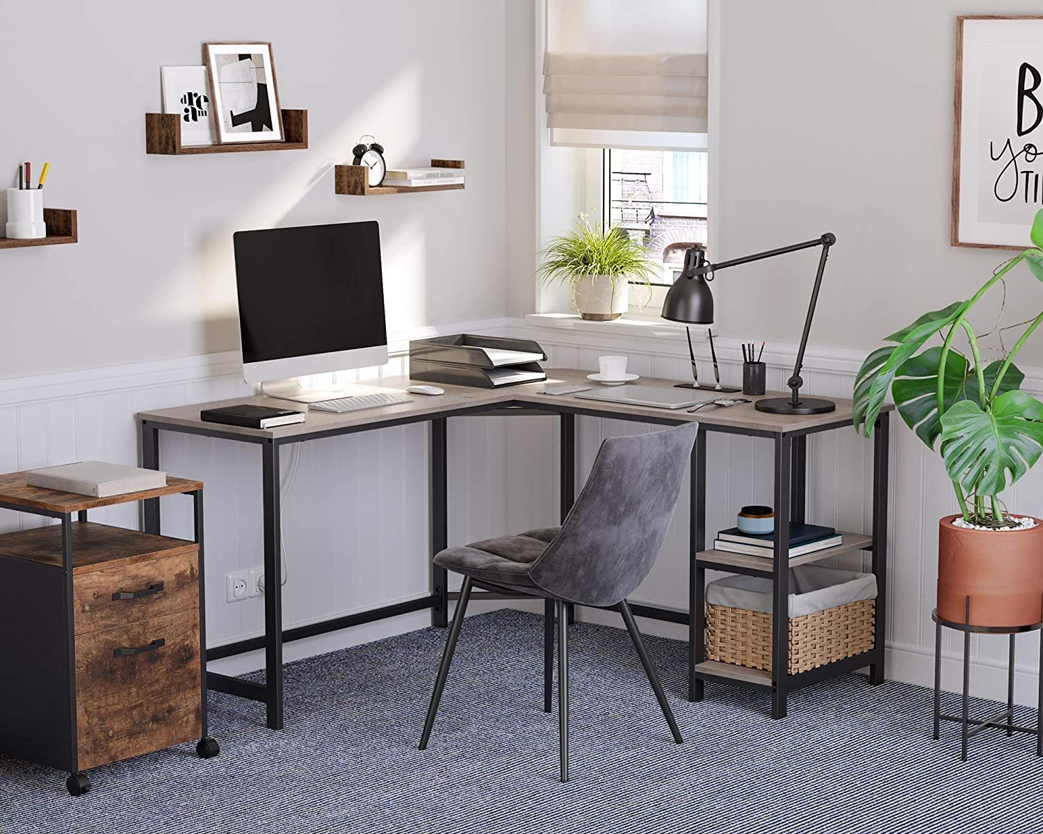 Buy Vasagle LShaped Computer Desk with Shelves Greige+Black at