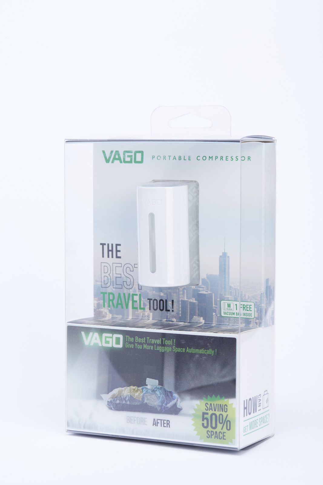 VAGO: Portable USB Vacuum Baggage Compressor.