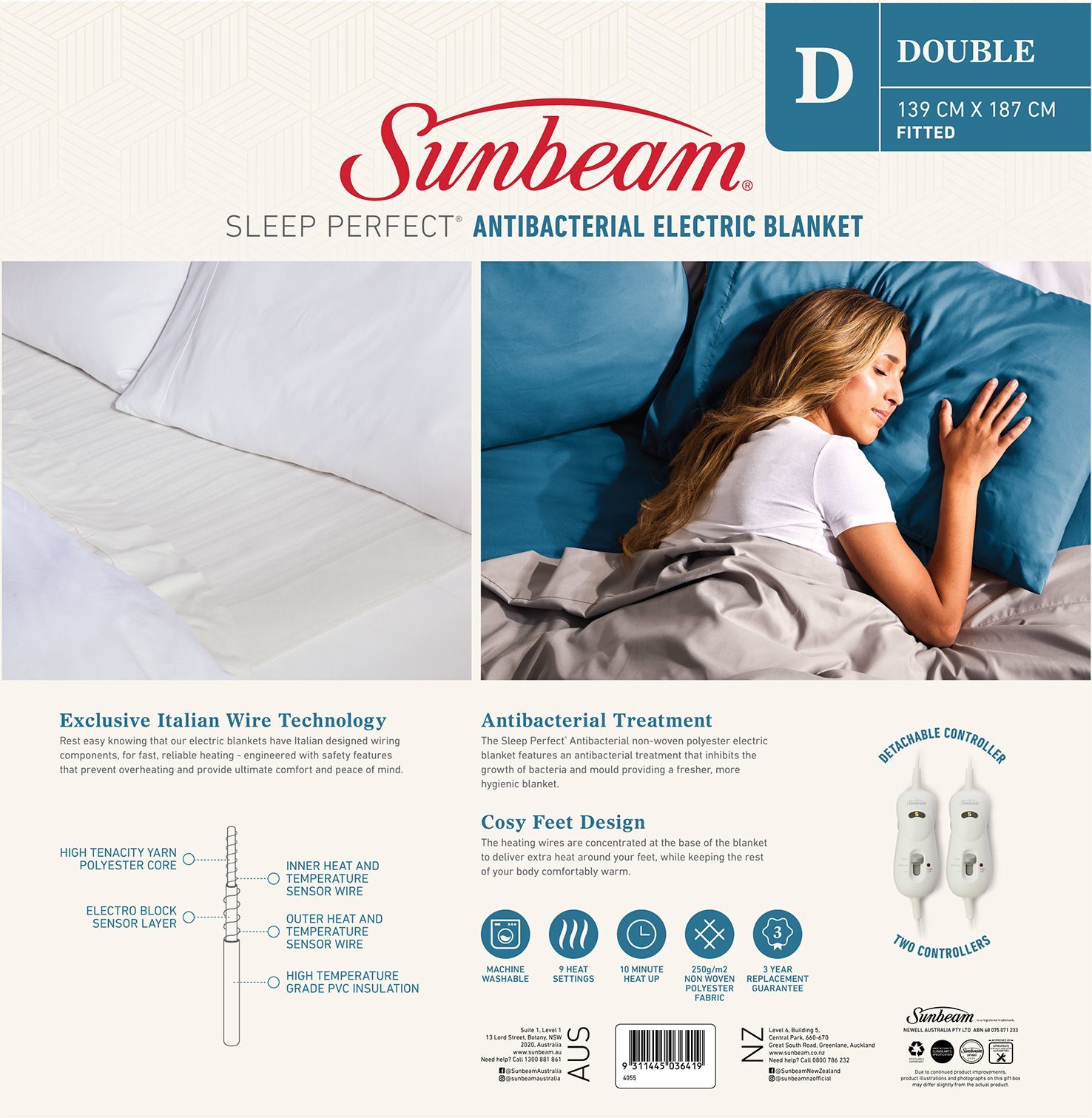 Sunbeam Sleep Perfect Antibacterial Electric Blanket (Double) at