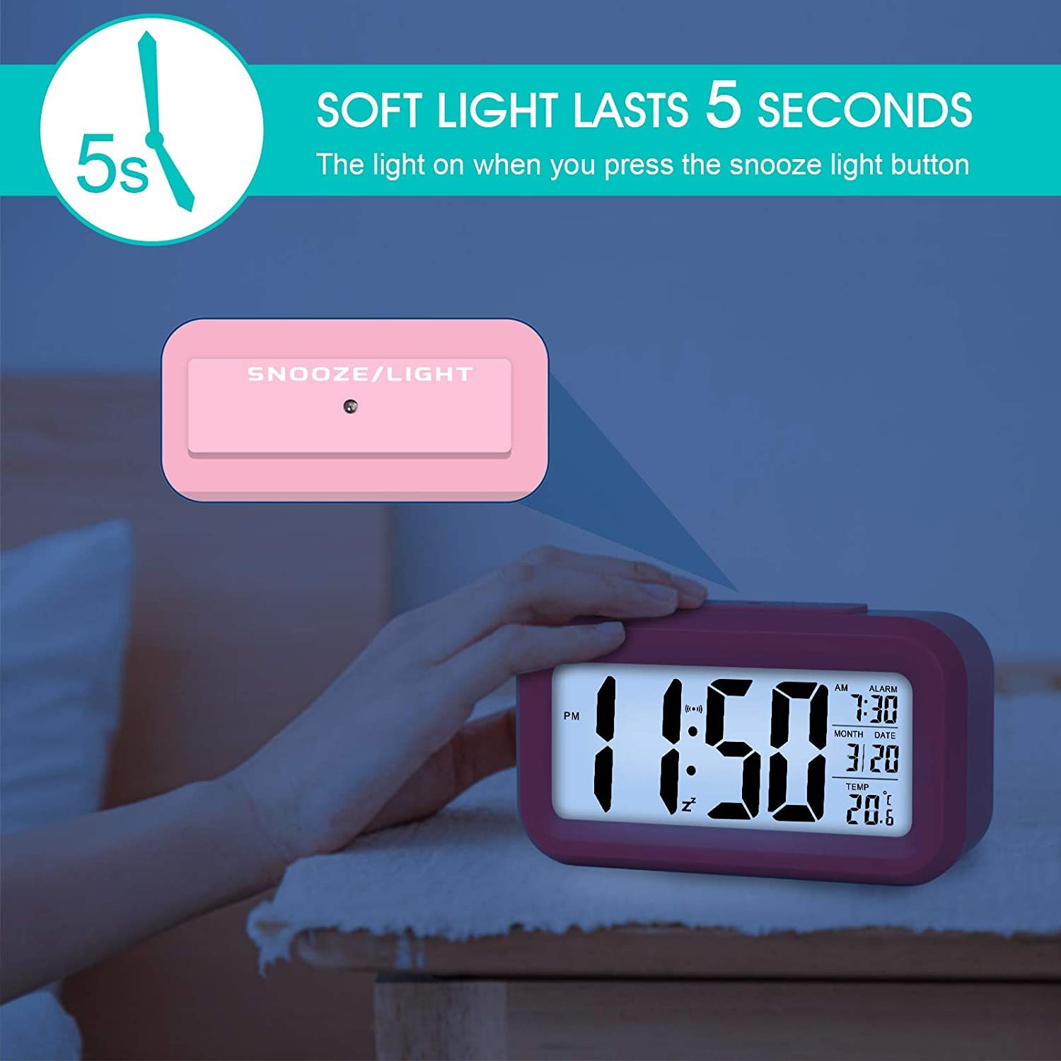 Smart Night Light Digital Alarm Clock Pink at Mighty Ape NZ