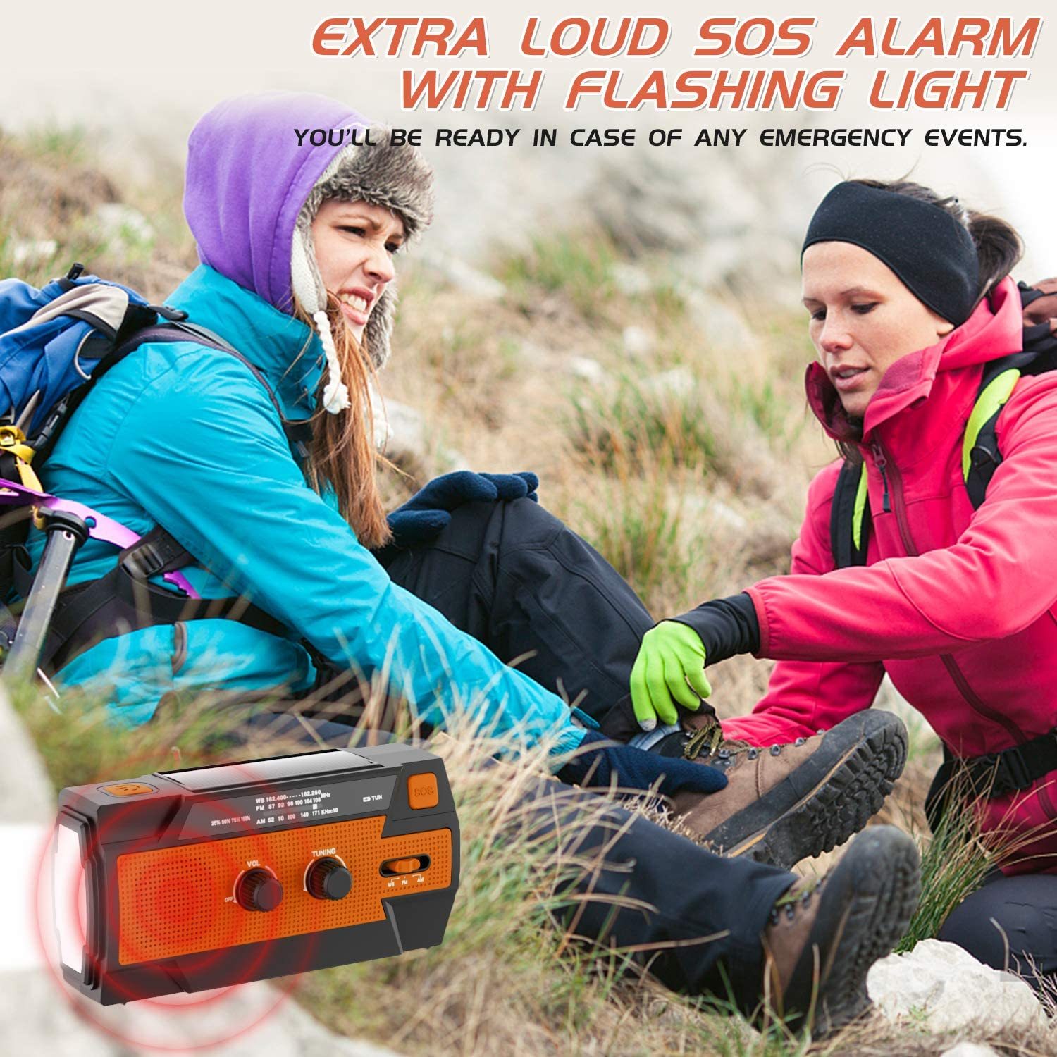 Emergency Solar Hand Crank Portable Charger and Flashlight - Orange image