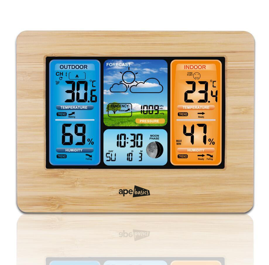 Wireless Sensor LCD Display Weather Station Clock - Wood image