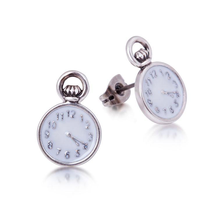 Disney: Alice in Wonderland Pocket Watch Earrings- White Gold