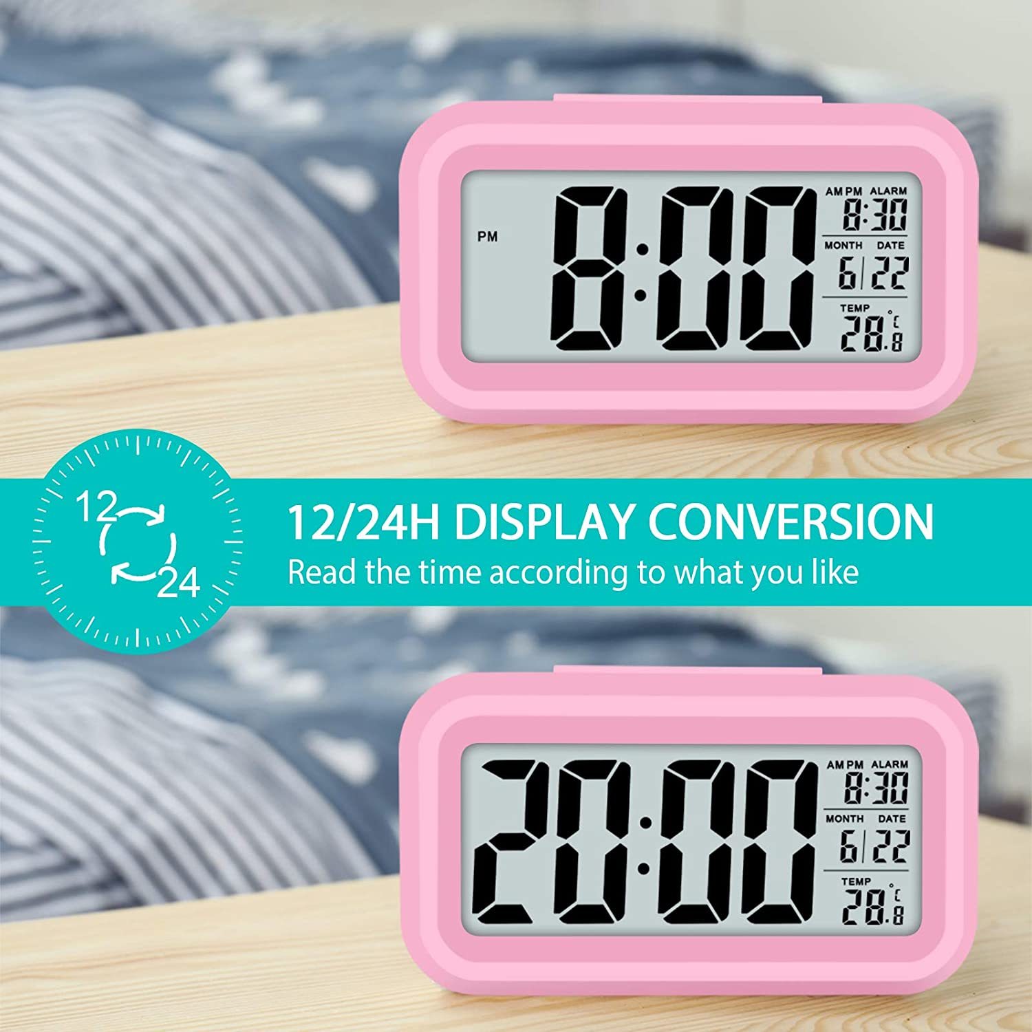 Smart Night Light Digital Alarm Clock Pink at Mighty Ape Australia