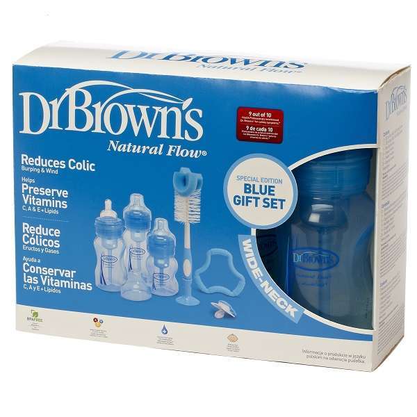Dr Brown: Wide Neck Gift Set - 3 Bottles, Pacifier, Teether, Bottle Brush (Blue) image
