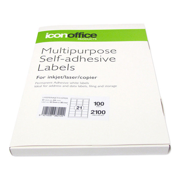 Icon: Multipurpose Labels – 63.5×38.1mm (21 Per Sheet/100 Sheets)