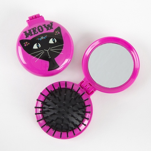 Natural Life: Compact Hair Brush Mirror - Meow Cat