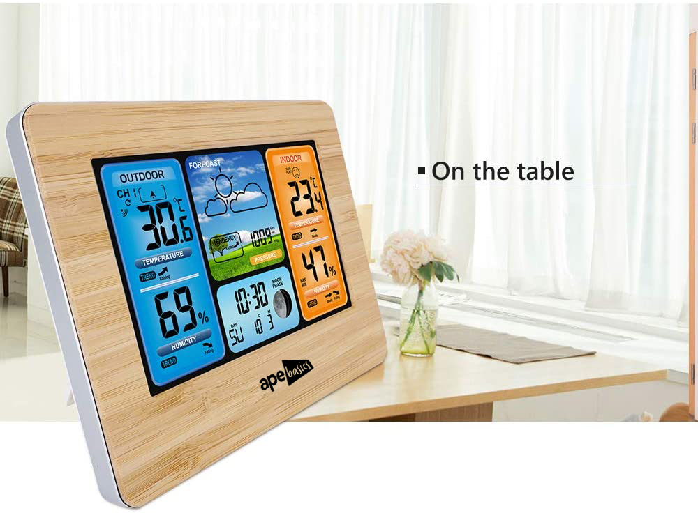 Wireless Sensor LCD Display Weather Station Clock - Wood