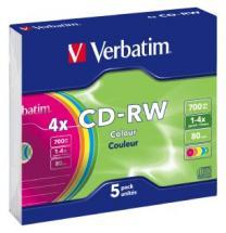 Verbatim CD-RW 700MB 5Pk Colour Slim Case 2x-4x