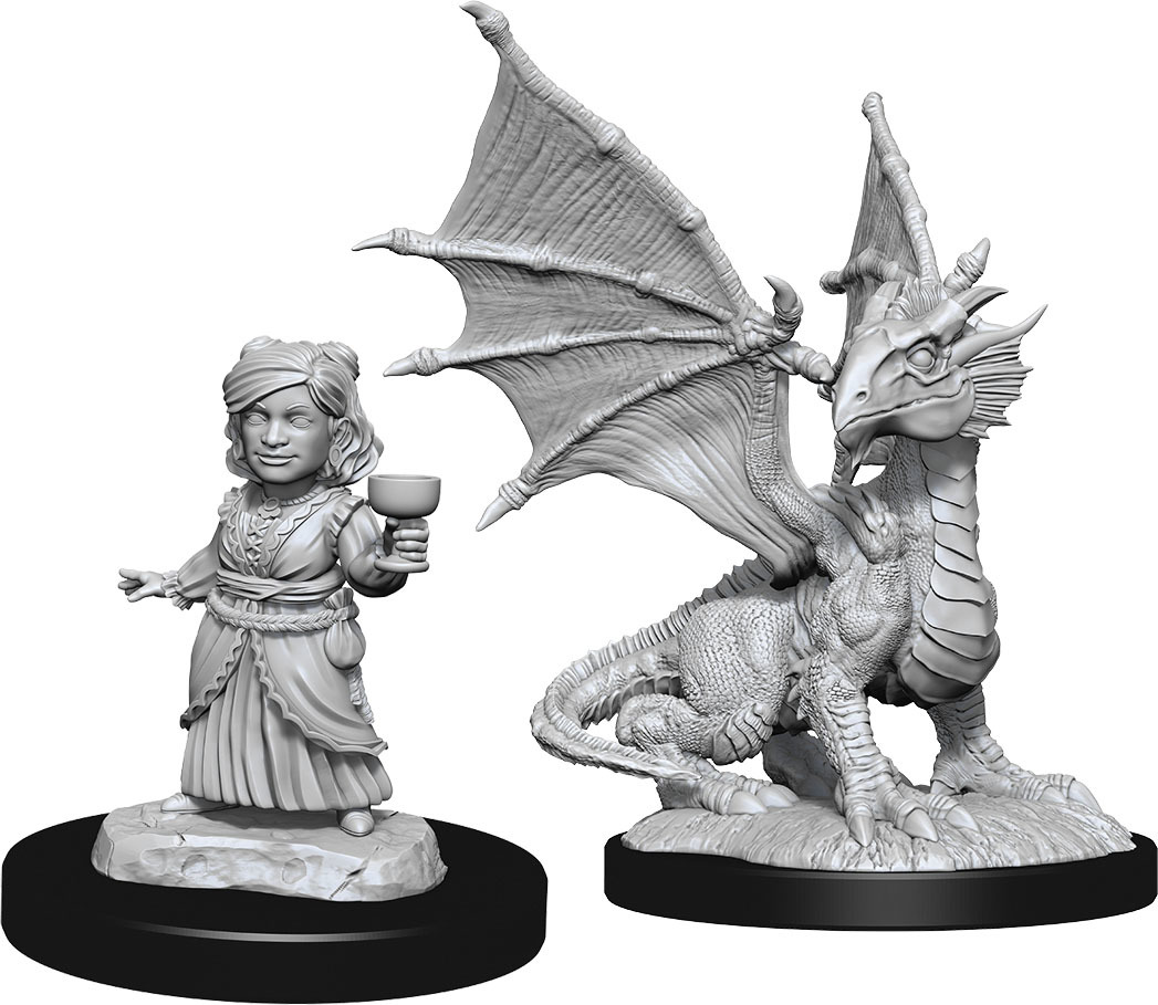 D&D Nolzur's Marvelous: Unpainted Miniatures - Silver Dragon Wyrmling & Female Halfling