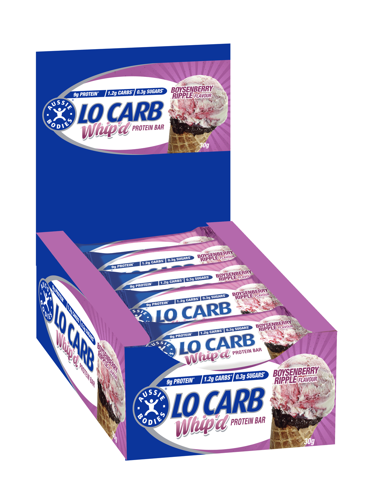 Aussie Bodies Lo Carb Protein Bars - Boysenberry Ripple (Box of 12)