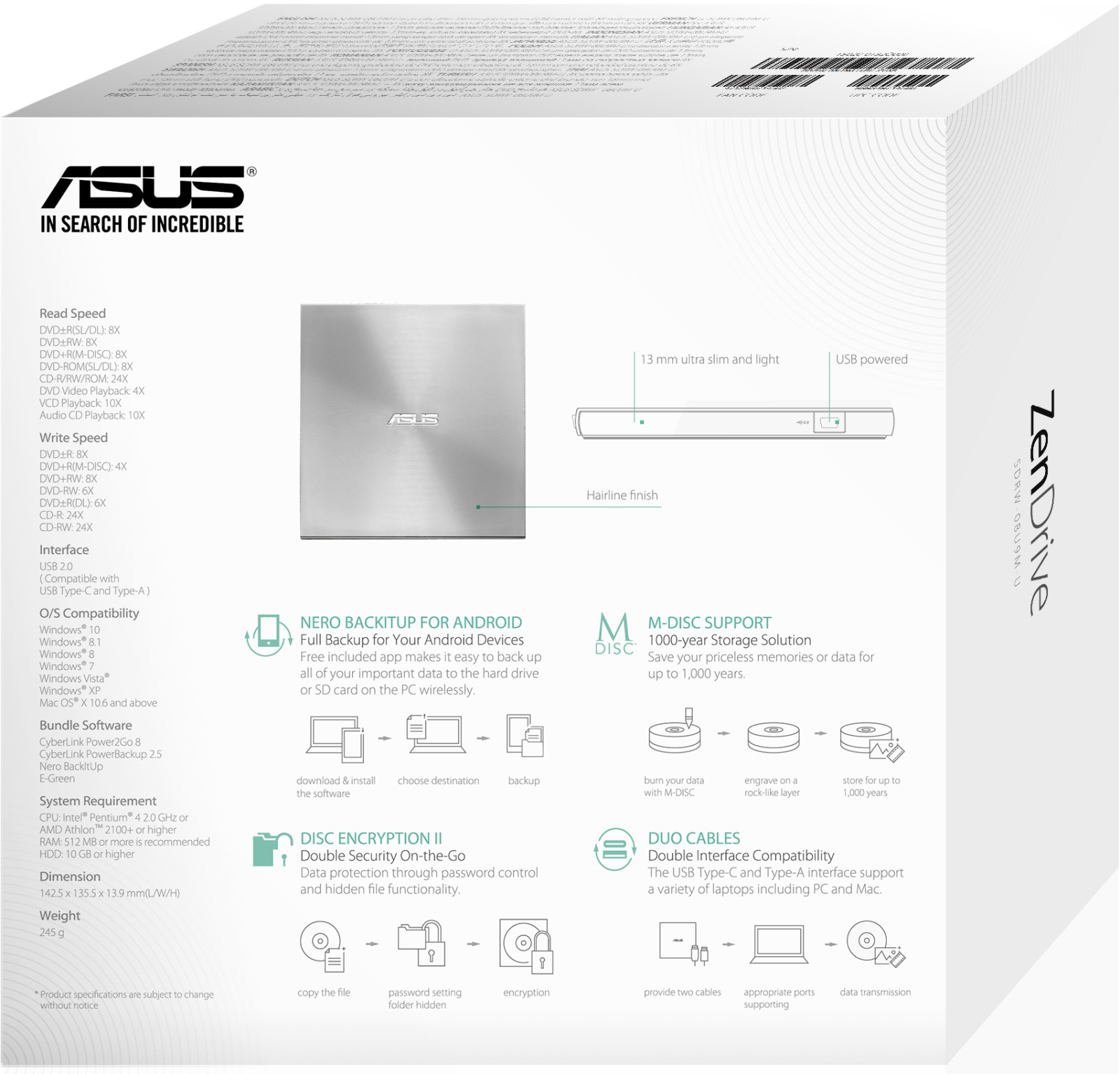 ASUS ZenDrive U9M USB-C External Optical Drive Silver