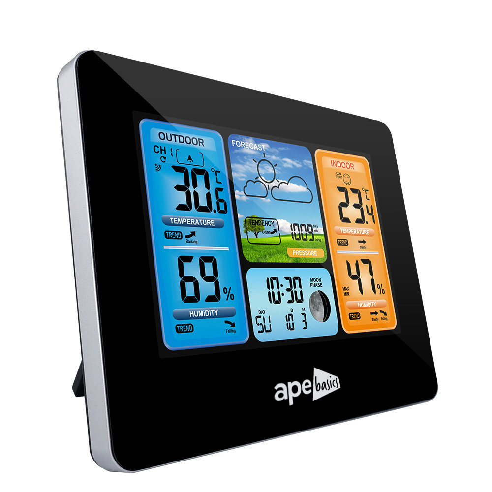 Ape Basics: Wireless Sensor LCD Display Weather Station Clock - Black image