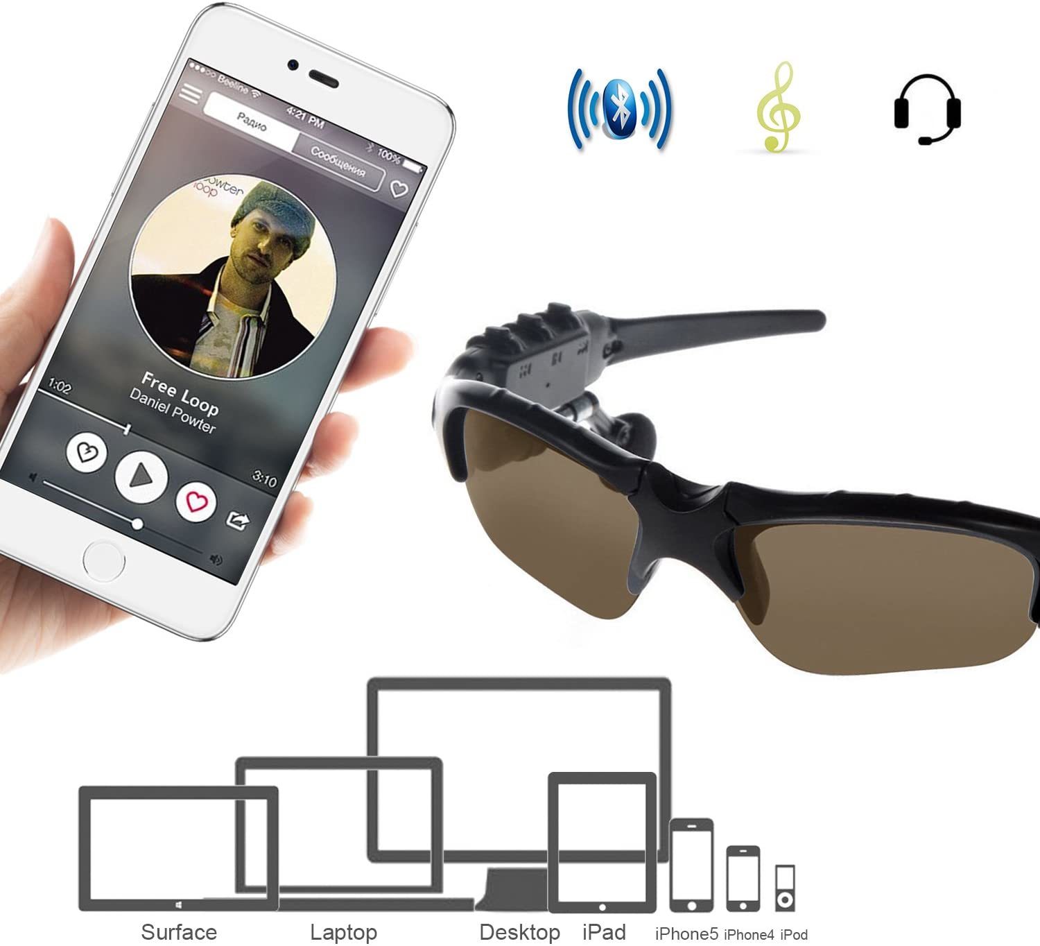 Stereo Headset Sunglasses Bluetooth 4.1 Brown at Mighty Ape NZ