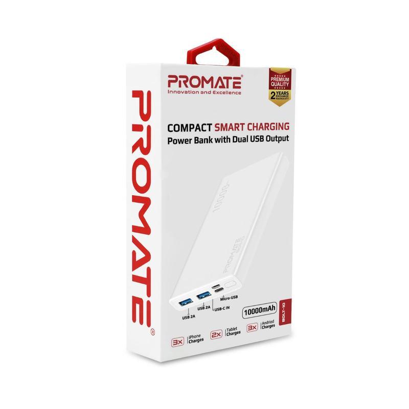 Promate Bolt10 Compact Smart Charging 10000mAh Power Bank with Dual
