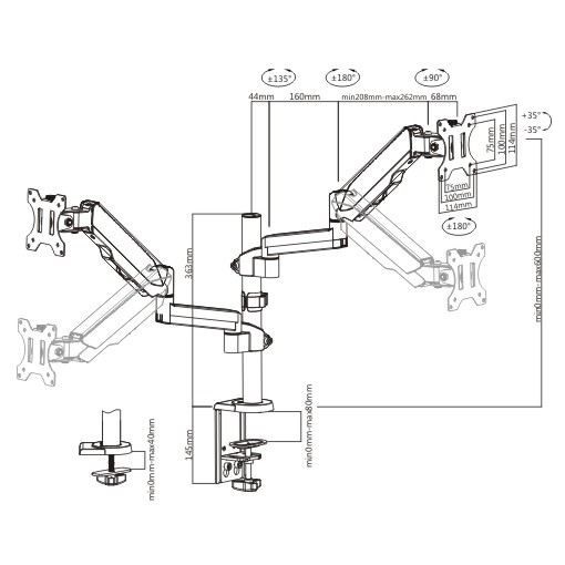 Brateck Full Extension Gas Spring Dual Monitor Arm