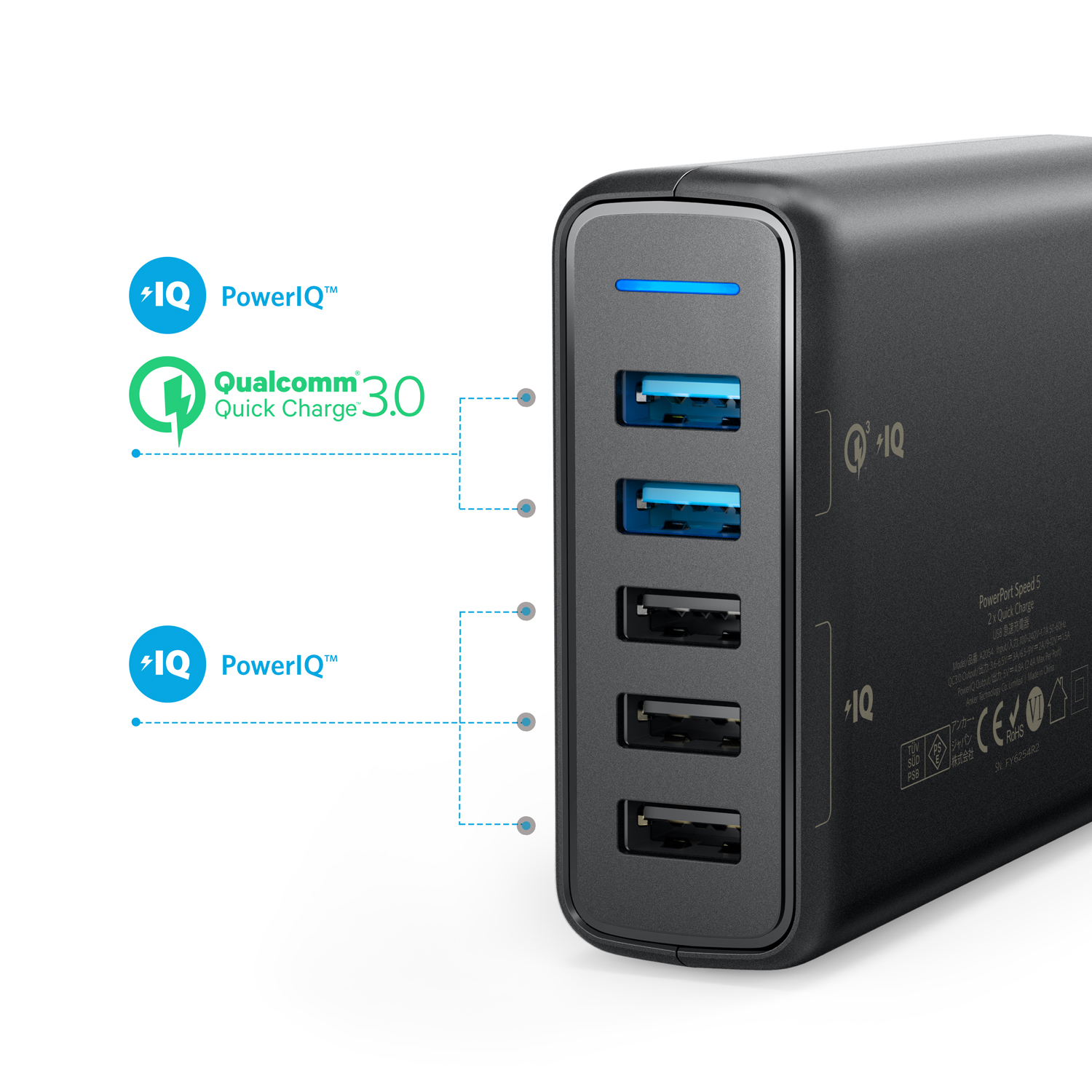 ANKER: PowerPort Speed 5 with 2x Quick Charge 3.0 3A, 3x PowerIQ 2.4A ports - Black