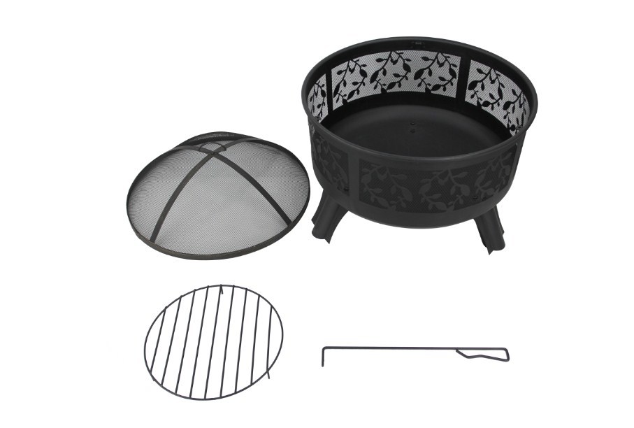 Round Steel Fire Pit with Leaf Design (61x58cm)