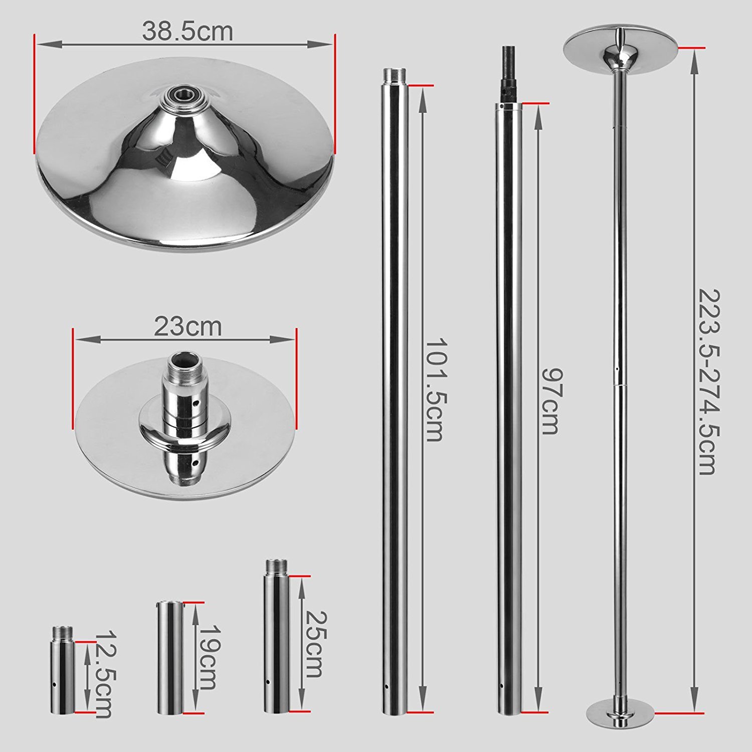 360° Pro Fitness Spinning Dancing Training Pole - Chrome (223-274cm) image