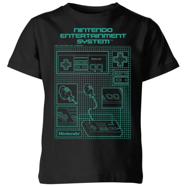 Nintendo NES Controller Blueprint Black Kids' T-Shirt - Black - 9-10 Years image