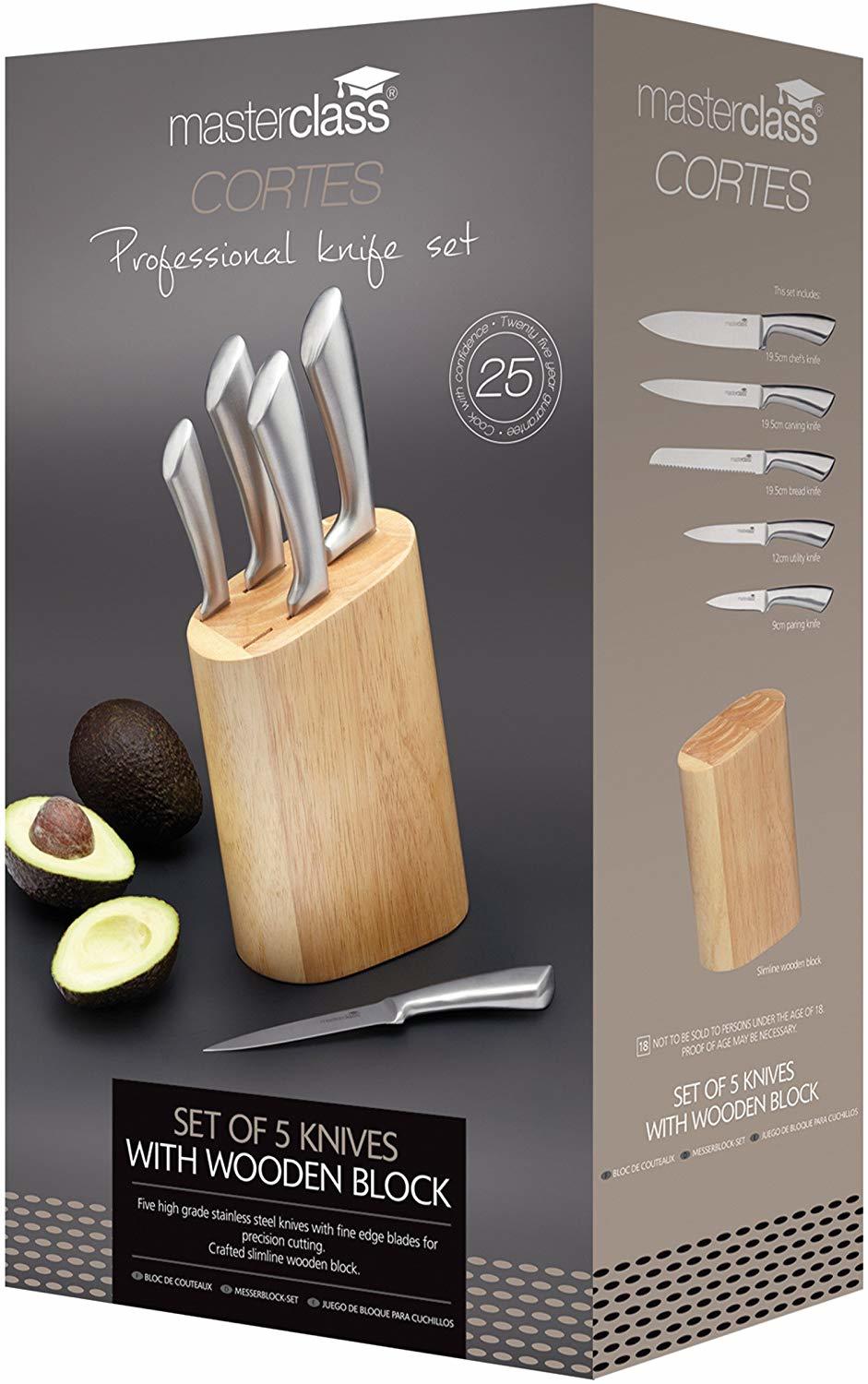 MasterClass Cortes Stainless Steel Knife Set and Wooden Knife Block