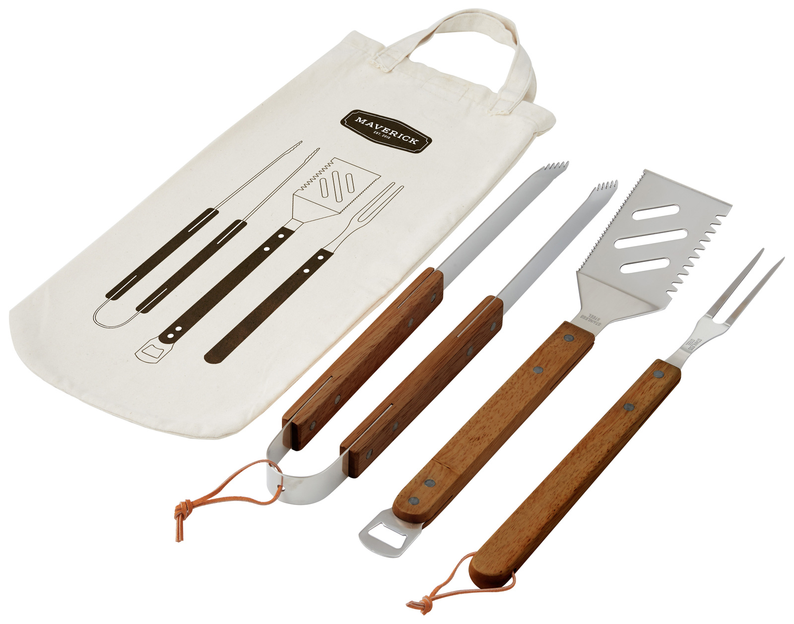 Maverick: Acacia BBQ Tool Set in Calico Bag - 3 Piece Set (19x15x3cm/Turner/Fork/Tongs)