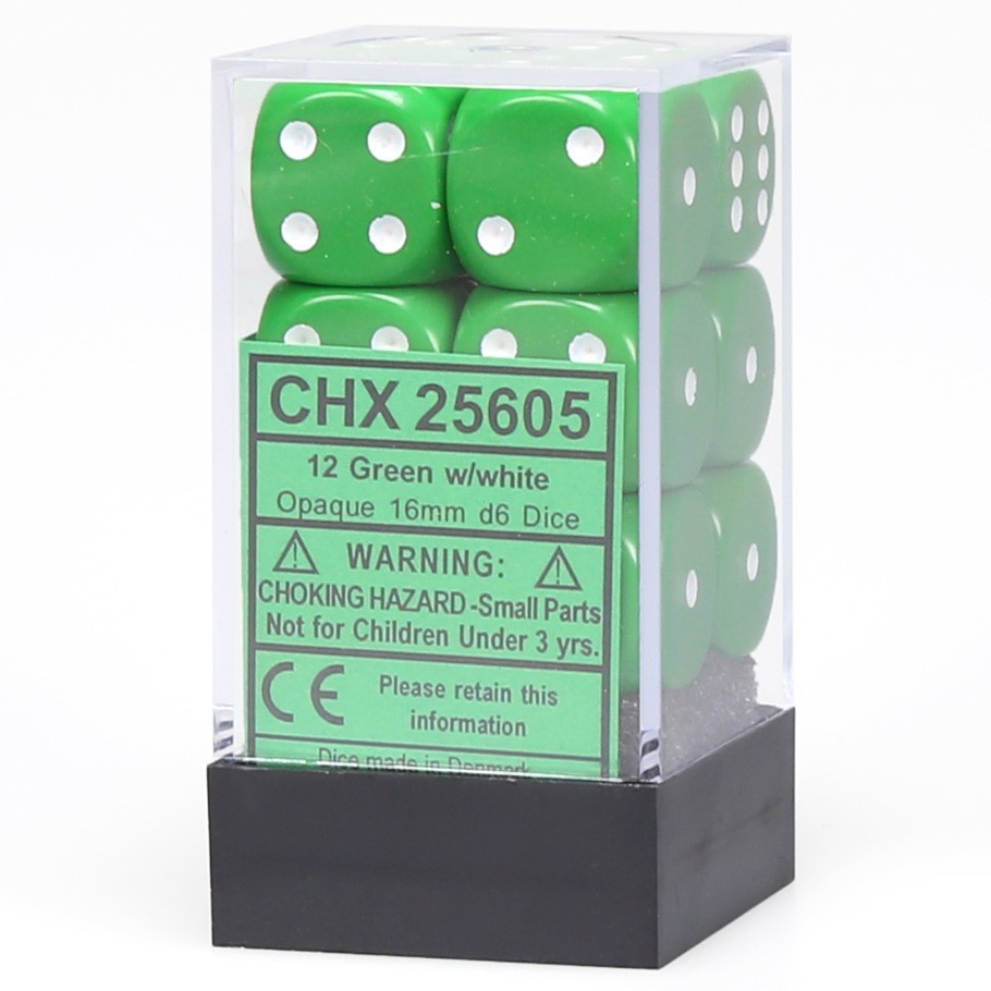 Chessex: D6 Opaque Cube Set (16mm) - Green/White