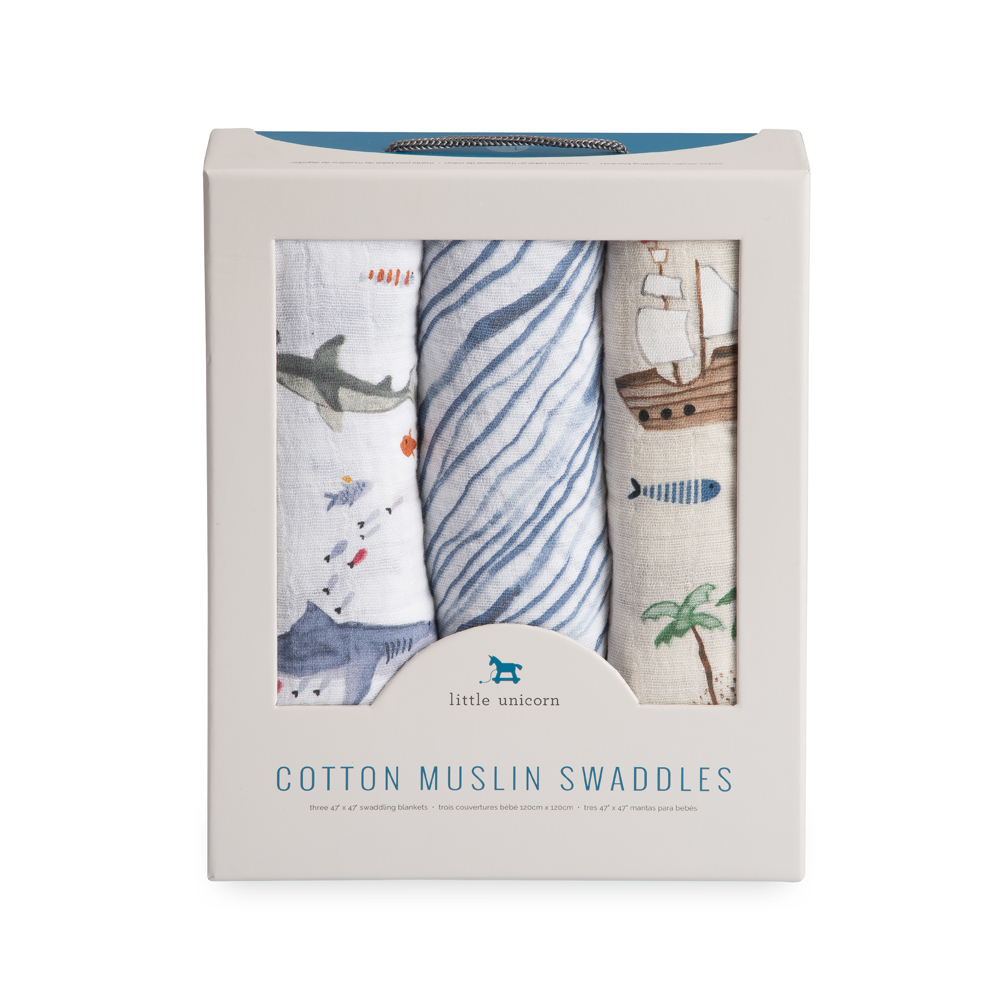 Little Unicorn - Cotton Muslin Swaddle - Shark (3 Pack)