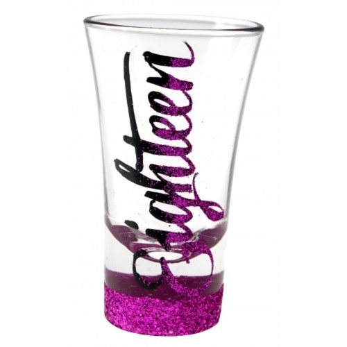 Glitter Script: Eighteen Pink Glitter Shot Glass image
