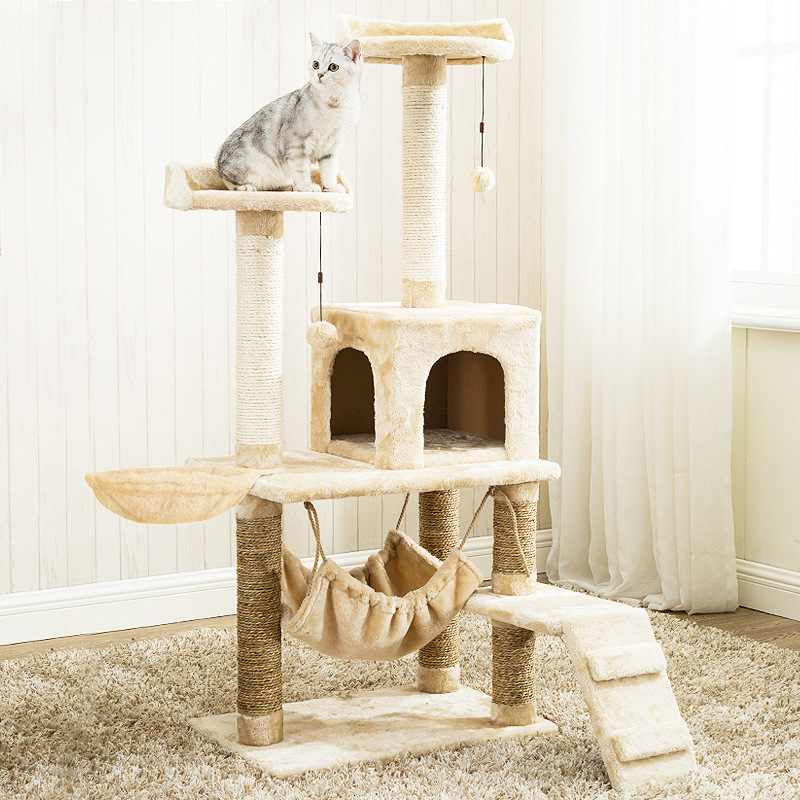 Cat Tree (6 Levels) With Hammock 1.4M - White / Light Brown image