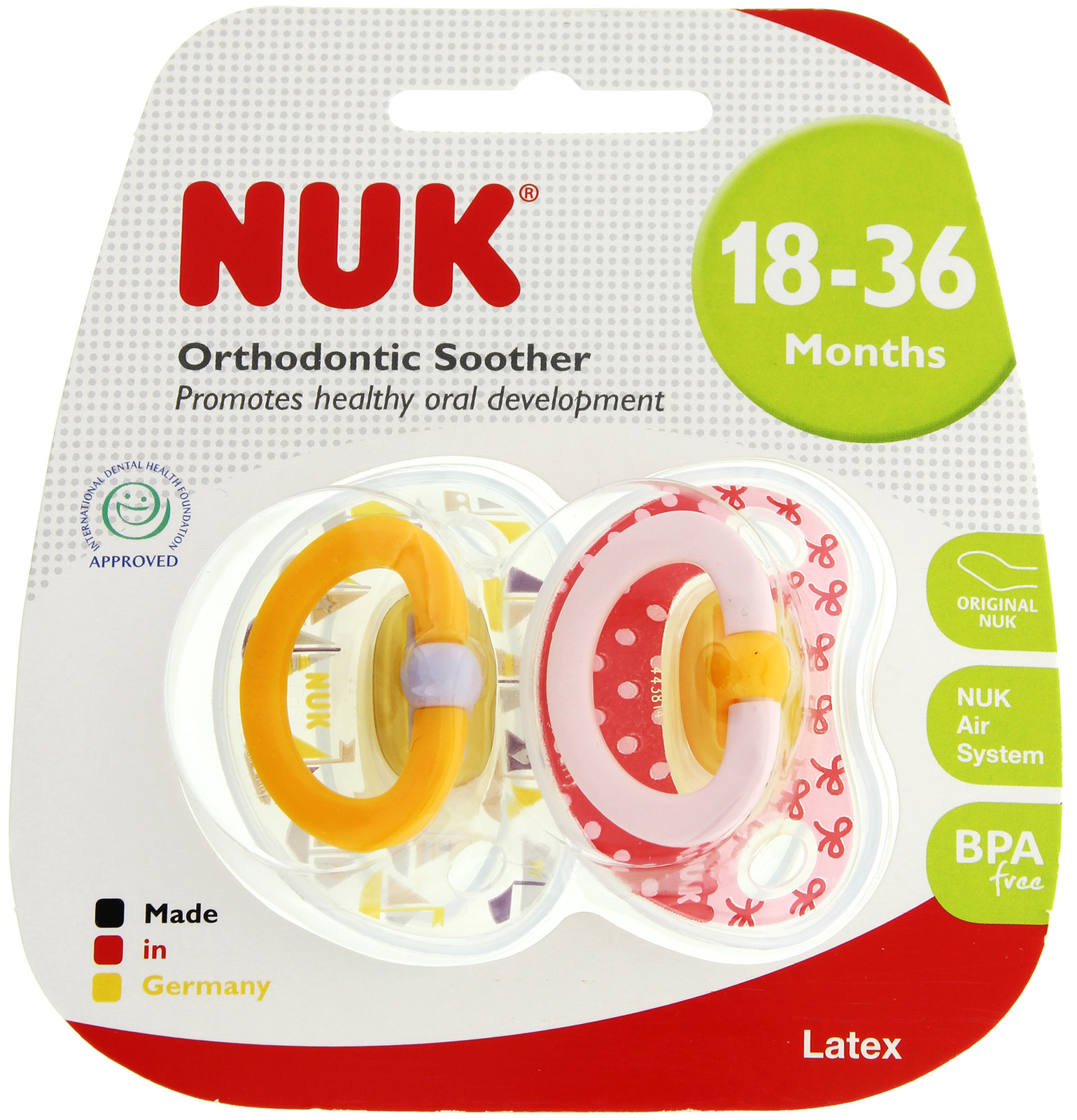 NUK: Classic Happy Kids Latex Soothers - 18+ Months (2 Pack) - Pink + Yellow image