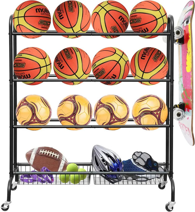 Buy Freestanding Basketball Storage Rack with Baskets and Hooks at