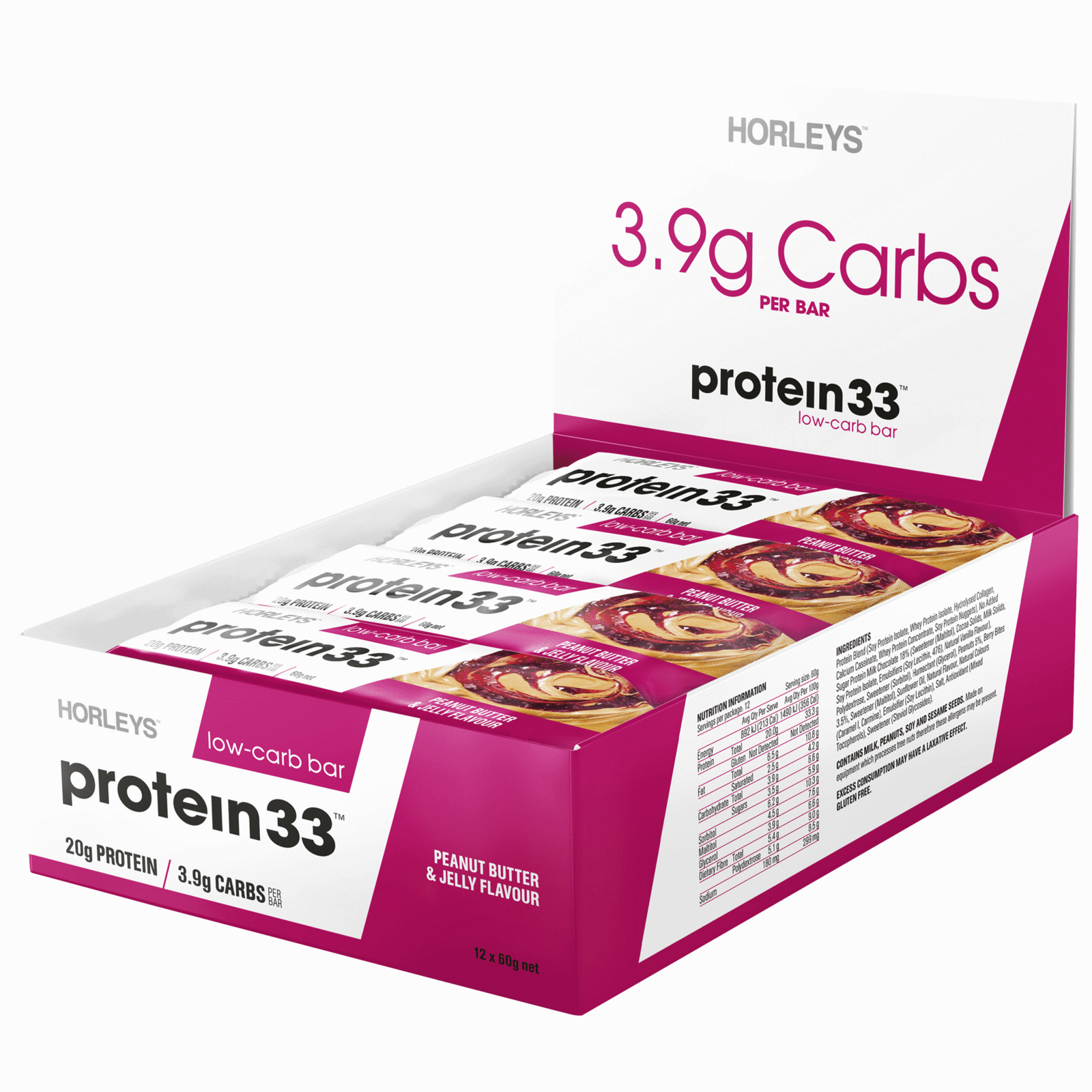 Horleys Protein 33 Low Carb Bars - Peanut Butter + Jelly (12 x 60g Pack) image