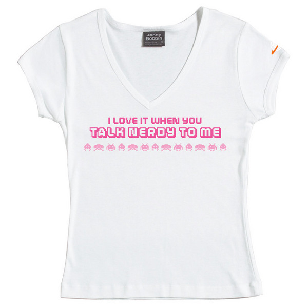 Talk Nerdy - Female V-Neck Tee (White) for image