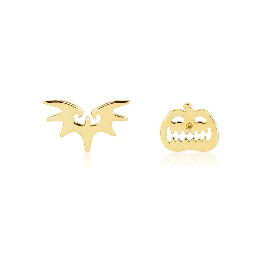 Couture Kingdom: NBC Bat & Pumpkin Mix-Match Stud Earrings - Gold image