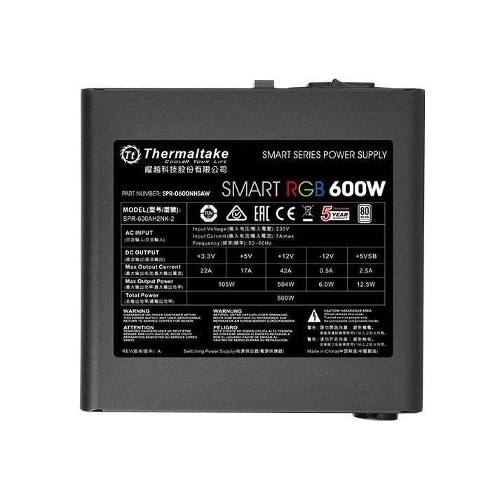 600W Thermaltake: Smart RGB Power PSU - 80 Plus; Non Modular; Fan Hub image