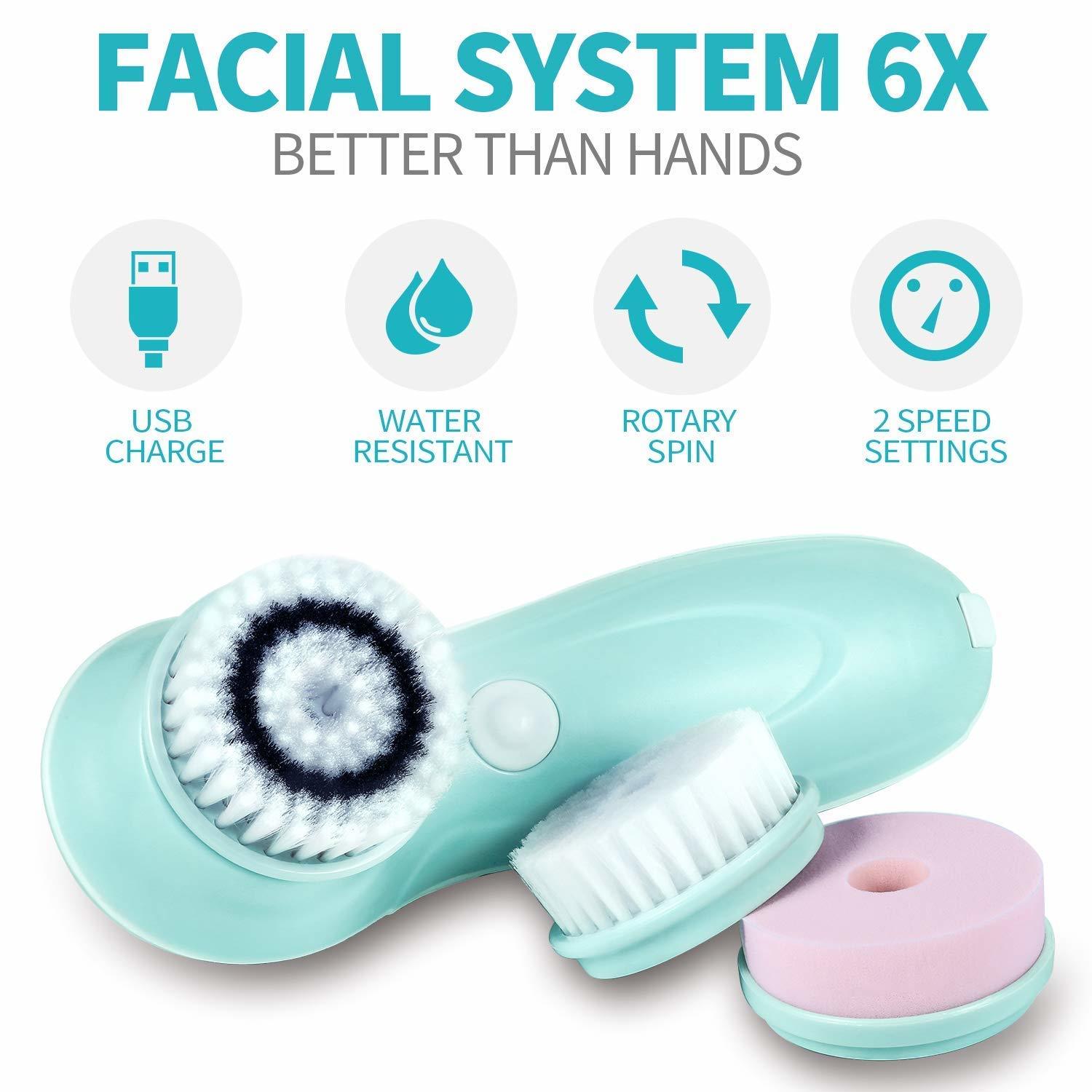 Rechargeable Rotating Waterproof Cleansing Facial Brush Set - Blue image